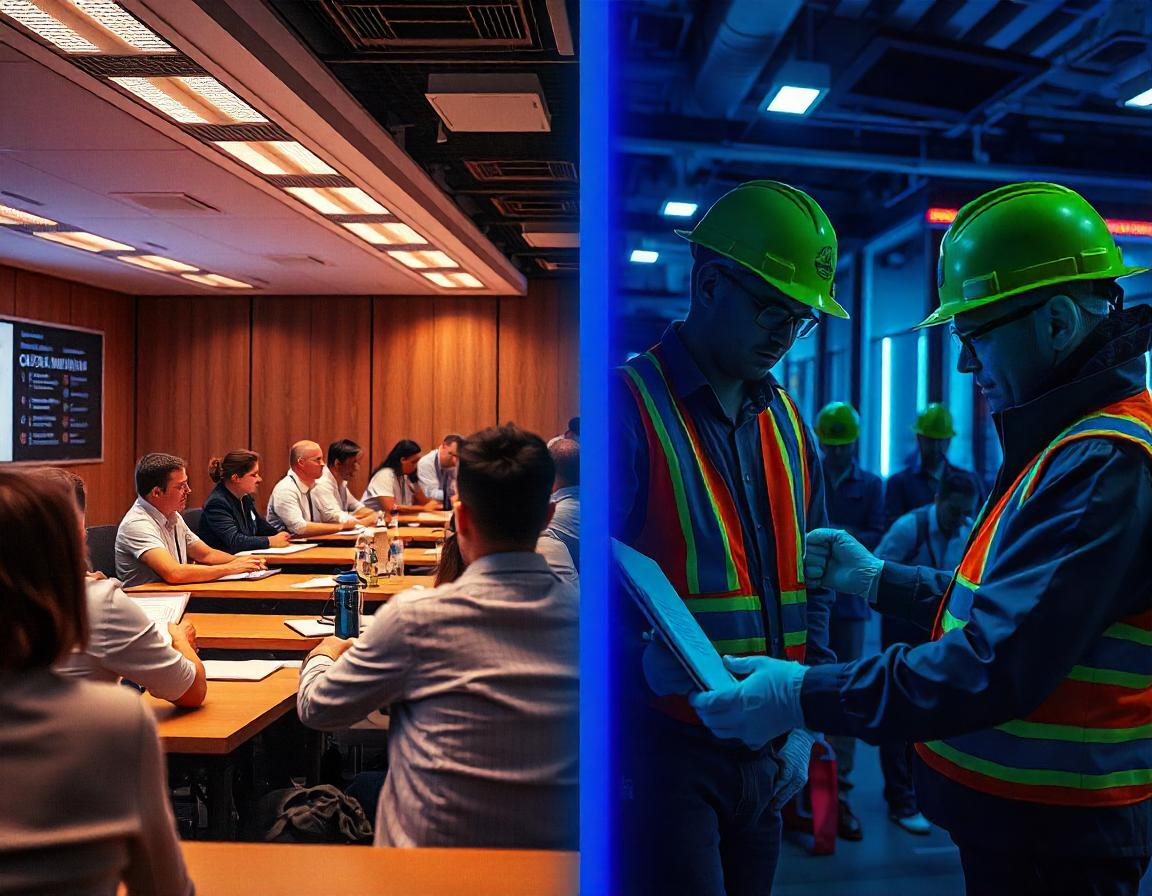 A corporate office meeting in a dark, wooden room on the left. On the right, two men work in hard hats and fluorescent jackets. One reads from a clipboard.