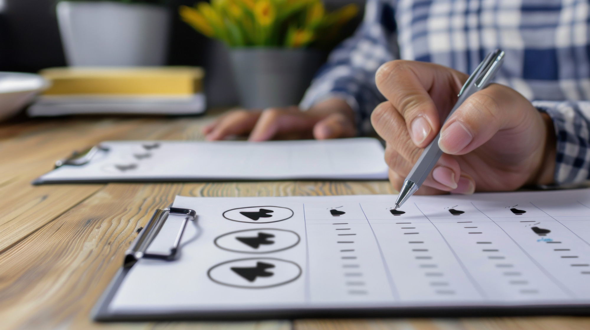 A hand holding a pen takes/grades an assessment