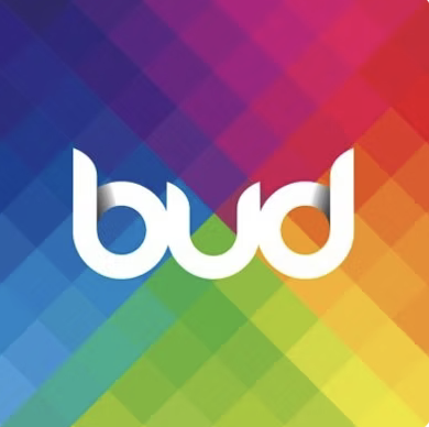 Bud logo against a rainbow background