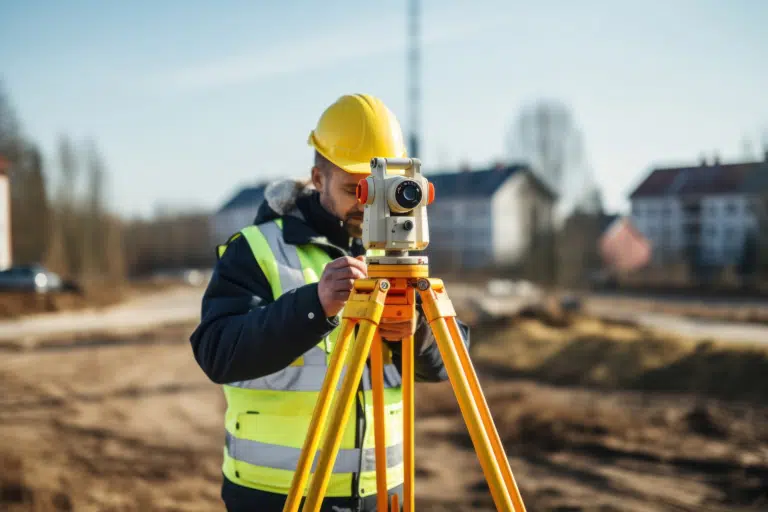 A male quantity surveyor surveys land dressed in safety gear.