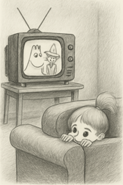 An illustration of a young child hiding behind the sofa whilst watching The Moomins on TV