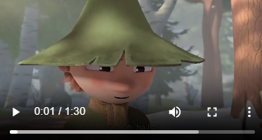 A video screen grab of an animated character with a round face in a green witch-style hat. He's in an animated forest. The video has been paused at 0:01 out of 1:30 length.